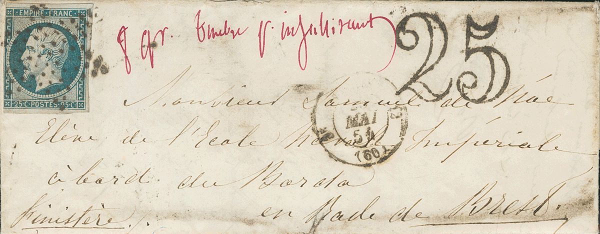 2280 France. 1854. COVER. Yv. 15a. 25 Cts Milky Blue (tight Left Margin). PARIS To BREST. Adressed To An Officer Of The  - Andere & Zonder Classificatie
