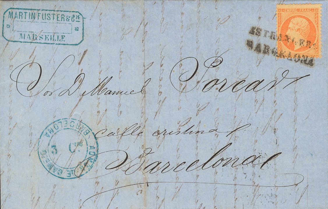 2283 France. 1868. COVER. Yv. 16. 40 Cts Orange. MARSELLA To BARCELONA. C.d.s. ESTRANGERO/ BARCELONA, Applied On Arrival - Andere & Zonder Classificatie