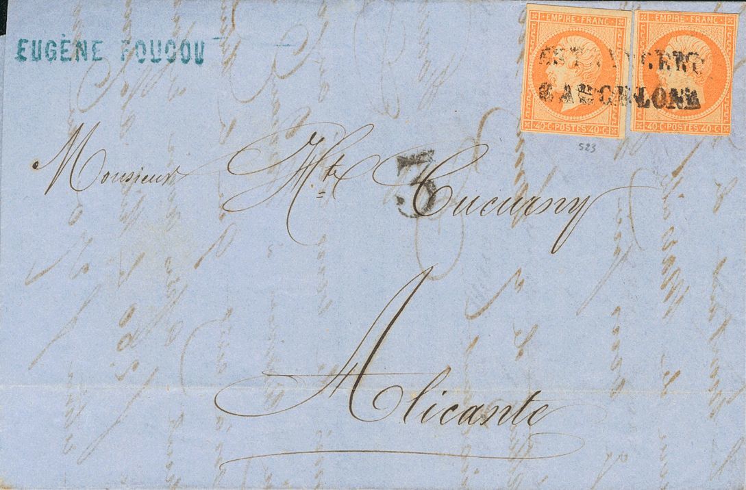 2285 France. 1861. COVER. Yv. 16(2). 40 Cts Orange, Two Stamps. MARSELLA (FRANCE) To ALICANTE. Postmark ESTRANGERO / BAR - Andere & Zonder Classificatie