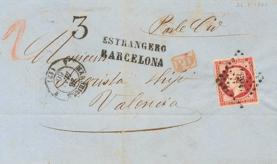 2286 France. 1860. COVER. Yv. 17A. 80 Cts Pink Carmine. MARSEILLE To VALENCIA. On The Front Posmark ESTRANGERO / BARCELO - Andere & Zonder Classificatie