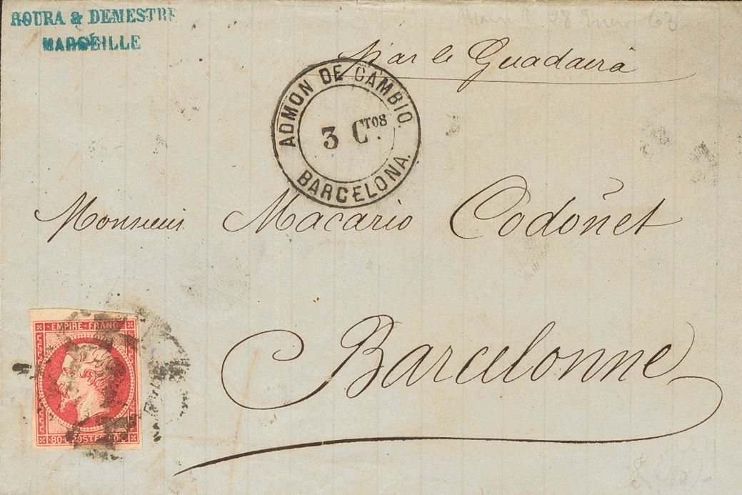 2289 France. 1862. COVER. Yv. 17B. 80 Cts Pink Carmine. MARSELLA (FRANCE) To BARCELONA. Postmark CART WHEEL Nº2, Applied - Andere & Zonder Classificatie