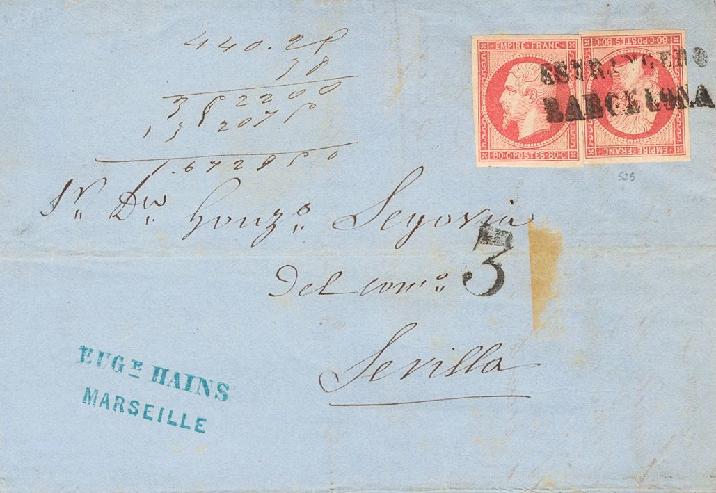 2290 France. 1861. COVER. Yv. 17B(2). 80 Cts Pink, Two Stamps. MARSELLA (FRANCE) To SEVILLE. Postmark ESTRANGERO / BARCE - Andere & Zonder Classificatie