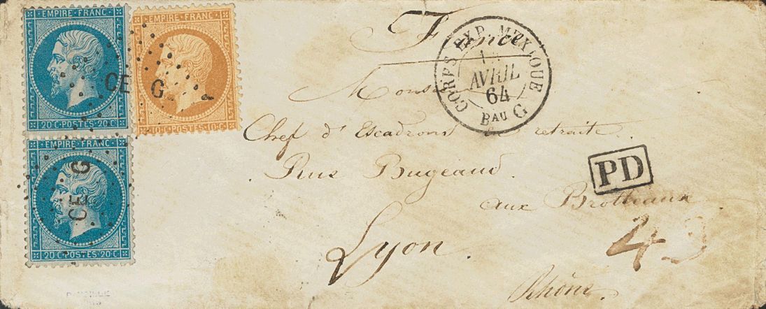 2291 France. 1864. COVER. Yv. 21, 22(2). 10 Cts Yellow Chestnut And 20 Blue Cts, Two Stamps. Addresed To LYON. Postmark  - Andere & Zonder Classificatie