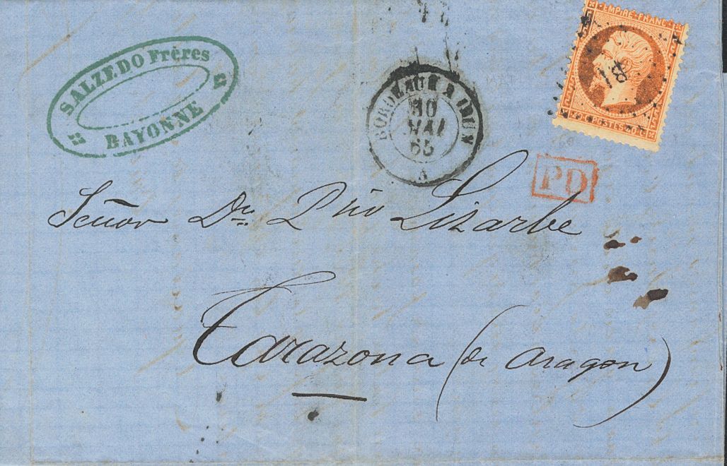 2292 France. 1865. COVER. Yv. 22, 23. Set Of Two Covers Circulated From BAYONA To TARAZONA With Franking Of 20 Cts Blue  - Andere & Zonder Classificatie