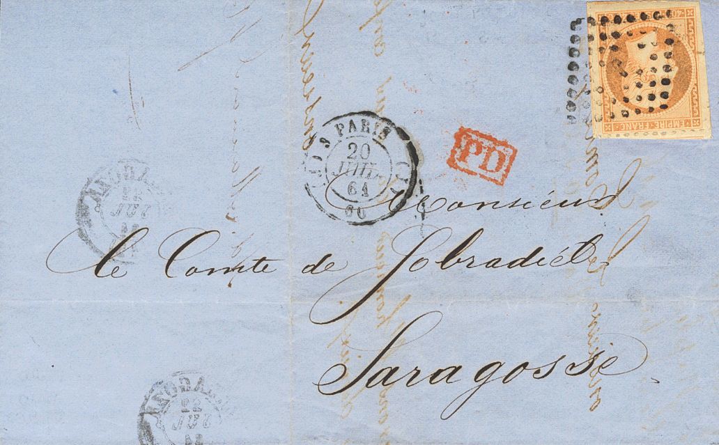 2294 France. 1861. COVER. Yv. 23. 40 Cts Orange Perforation "Perce" (in Lines). PARIS To ZARAGOZA. Postmark DIAMOND OF D - Andere & Zonder Classificatie