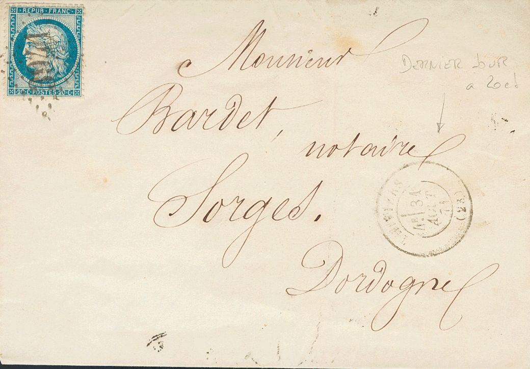 2300 France. 1871. COVER. Yv. 37. 20 Cts Blue. THIVIERS To SORGES. Postmark LOZENGE OF DOTS Nº3941, In The Front C.d.s.  - Andere & Zonder Classificatie