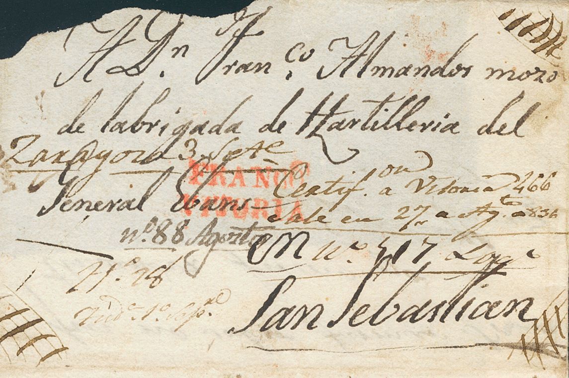 2419 1º Y 2º Centenario. 1834. SOBRE. Frontal De Certificado De VITORIA A SAN SEBASTIAN (dirigida A Un Soldado De La Bri - Andere & Zonder Classificatie