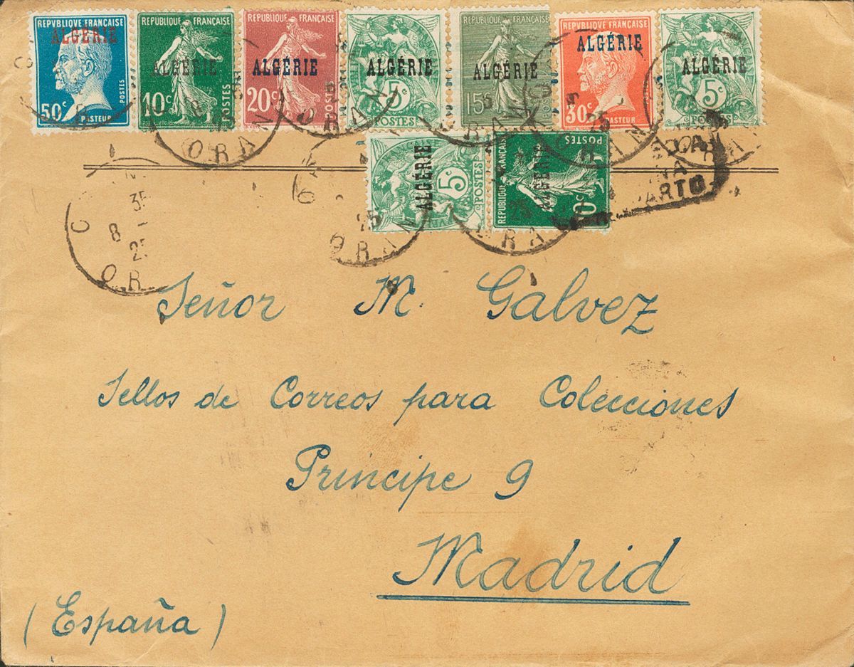 2427 Algeria. 1925. COVER. Yv. 6(3), 8(2), 10, 13, 15, 23. 5 Cts, Three Stamps, 10 Cts, Two Stamps, 15 Cts, 20 Cts, 30 C - Algerije (1962-...)