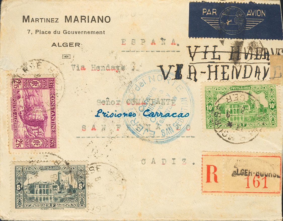 2429 Algeria. 1938. COVER. Yv. 134, 105, 124. 2'15 F Pink Lilac, 10 Cts Yellow Green And 5 F Black. Registered From ARGE - Algerije (1962-...)