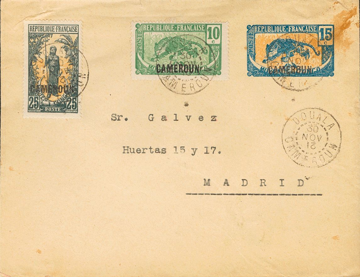 2430 Cameroon. 1921. COVER. Yv. 88, 91. 15 Cts Blue And Bistre On Postal Stationery From DOUALA To MADRID, With Compleme - Andere & Zonder Classificatie