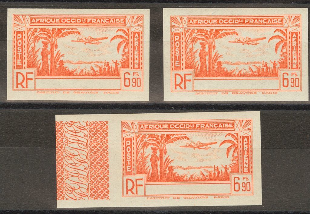 2435 Ivory Coast. 1940. Yv. ** 5ab(3). 6'90 F Orange, Three Stamps. Without Inscription COTE D'IVOIRE And IMPERFORATED.  - Andere & Zonder Classificatie