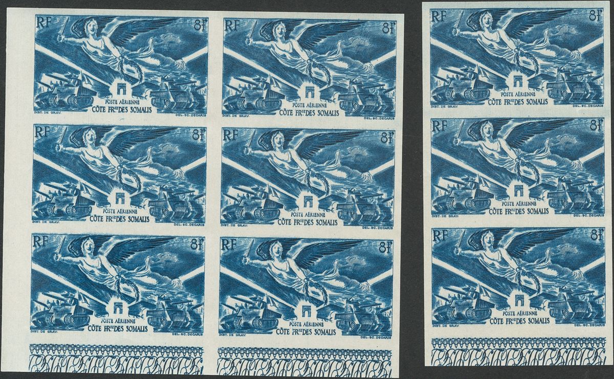 2437 Somali Coast. Airmail. 1946. Yv. ** 13(9). 8 F Blue, Nine Stamps. IMPERFORATED. VERY FINE.  Yvert 2013: 169€ - Andere & Zonder Classificatie