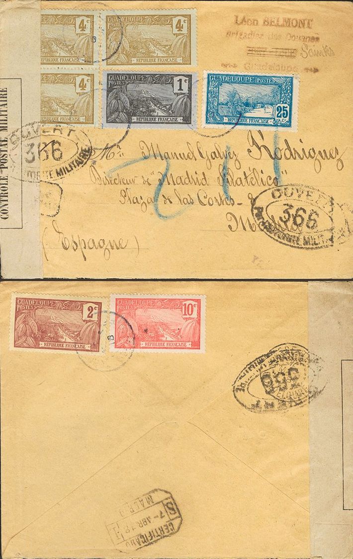 2440 Guadeloupe. 1918. COVER. Yv. 55, 56, 57(4), 59, 62. 1 Cts, 2 Cts, 4 Cts, Three Stamps, 10 Cts And 25 Cts. Registere - Andere & Zonder Classificatie