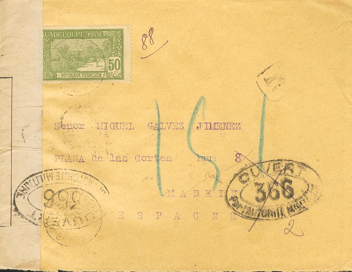 2441 Guadeloupe. 1916. COVER. Yv. 67. 50 Cts Olive Green. Registered From POINTE A PITRE To MADRID (addressed To Miguel  - Andere & Zonder Classificatie