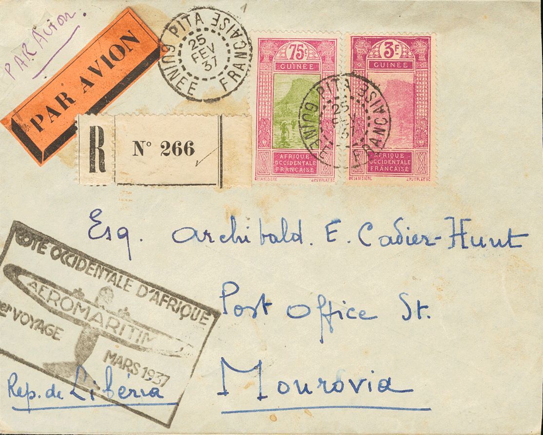 2442 French Guinea. 1937. COVER. Yv. 110, 114. 75 Cts Lilac Pink And Green And 3 Fr Lilac Pink. Registered Cover From PI - Andere & Zonder Classificatie