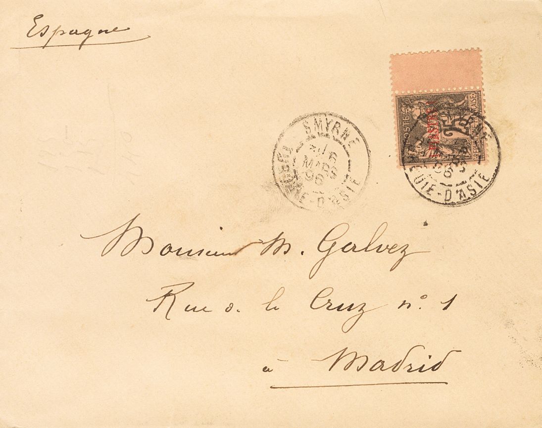 2445 French Levant. 1896. COVER. Yv. 4. 1 Pi On 25 Cts Black On Pink. SMIRNE To MADRID. Postmark SMYRNE / TURQUIE-D'ASIE - Autres & Non Classés