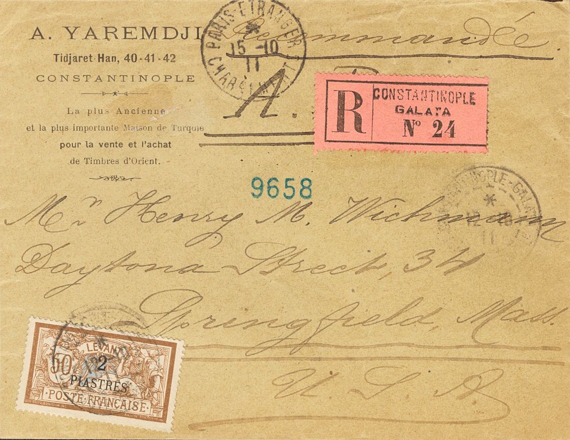 2446 French Levant. 1911. COVER. Yv. 20. 2 Pi On 50 Cts Chestnut And Lilac. Registered From GALATA To SPRINGFIELD (U.S.A - Andere & Zonder Classificatie