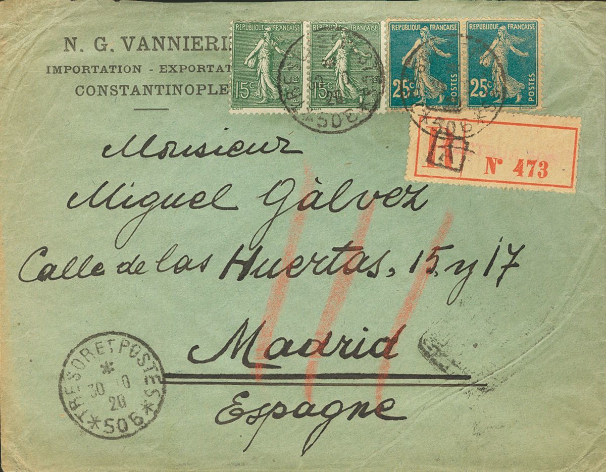 2447 French Levant. 1920. COVER. Yv. Francia 190(2), 130(2). 25 Cts Blue, Two Stamps And 15 Cts Gray Green, Two Stamps,  - Autres & Non Classés