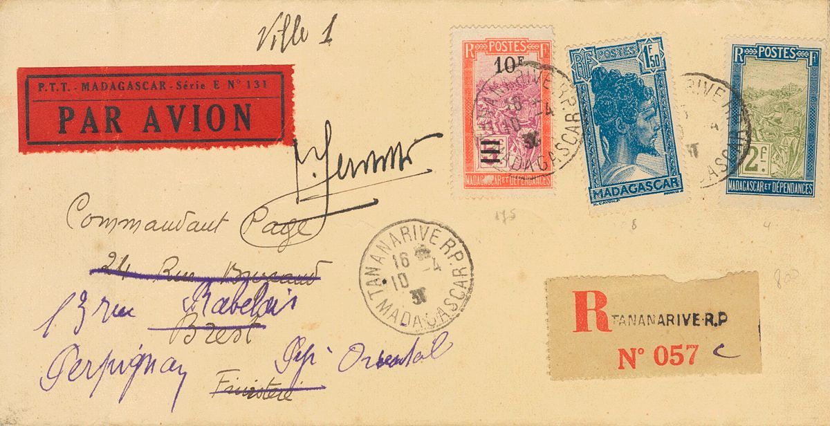 2448 Madagascar. 1931. COVER. Yv. 109, 154, 176. 2 F Blue And Olive, 10 F On 5 F Red And Lilac And 1'50 F Blue. Register - Andere & Zonder Classificatie