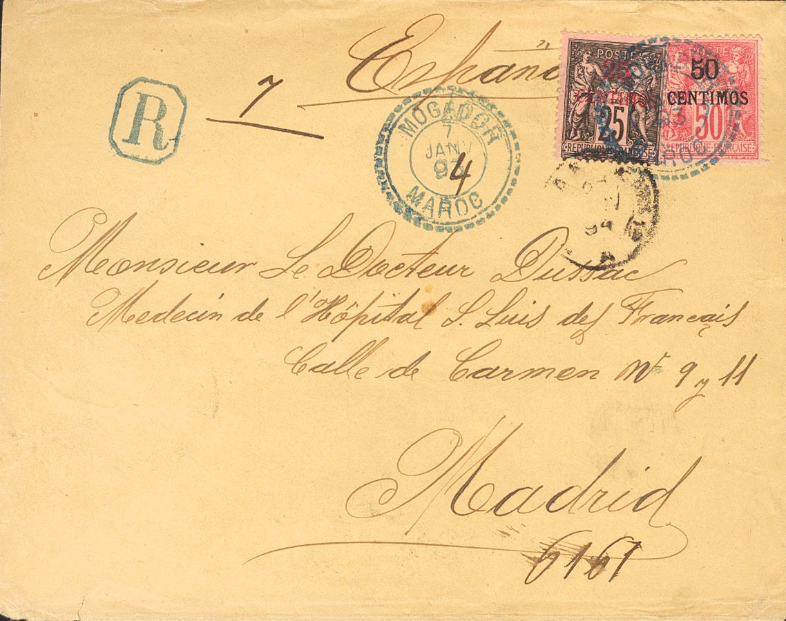 2449 French Marocco. 1894. COVER. Yv. 5, 6. 25 Cts On 25 Cts Black On Pink And 50 Cts On 50 Cts Pink. MOGADOR To MADRID. - Marokko (1956-...)