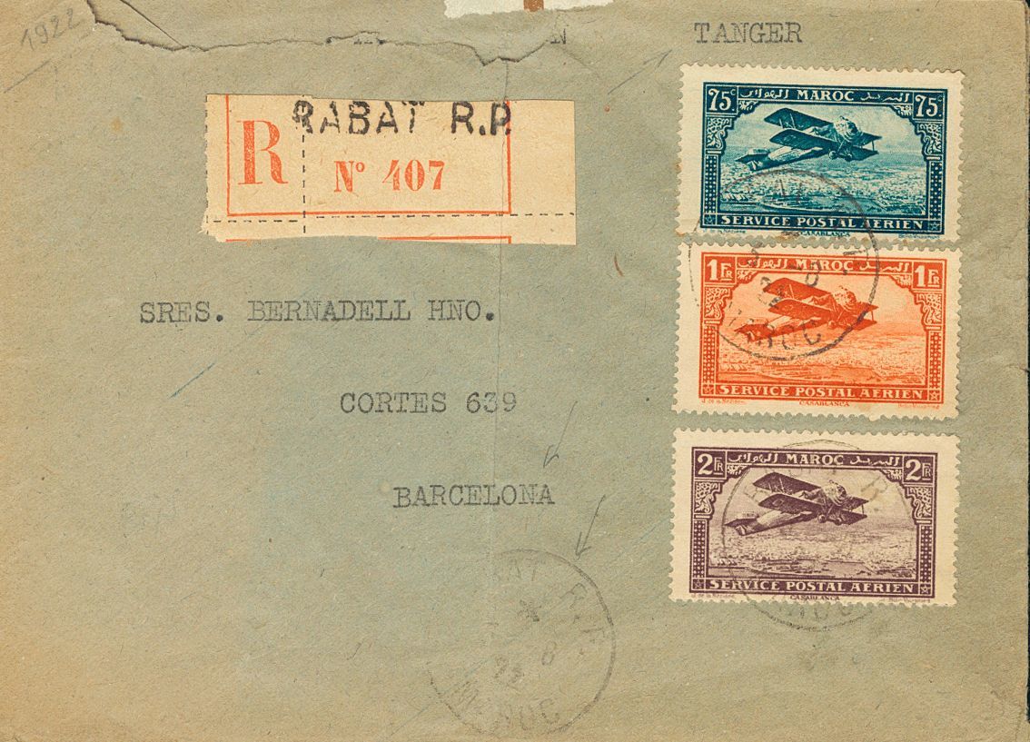 2451 French Marocco. Airmail. 1922. COVER. Yv. 4, 7, 10. 75 Cts Blue, 1 Fr Orange And 2 Fr Violet. Registered Cover From - Marokko (1956-...)