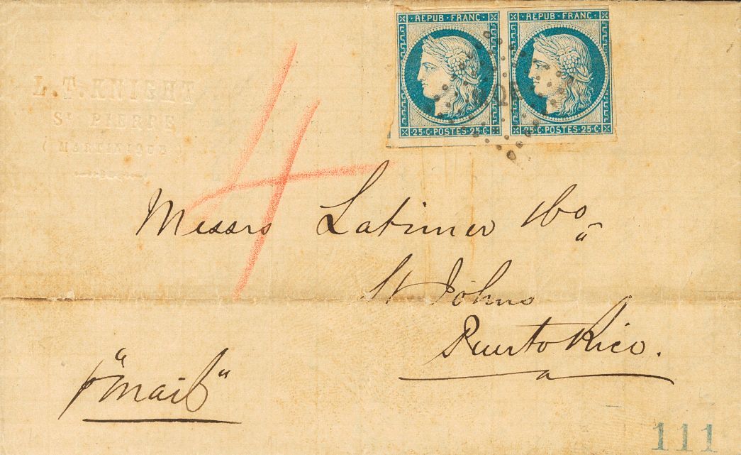 2453 Martinique. 1877. COVER. Yv. 23(2). 25 Cts Blue (general Emissions), Pair. SAINT PIERRE To SAN JUAN (PUERTO RICO).  - Andere & Zonder Classificatie