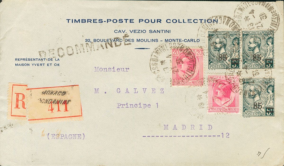 2454 Monaco. 1931. COVER. Yv. 79, 80, 72(3). 20 Cts Pink, 25 Cts Pink And 85 Cts On 5 F, Three Stamps. Registered From M - Andere & Zonder Classificatie