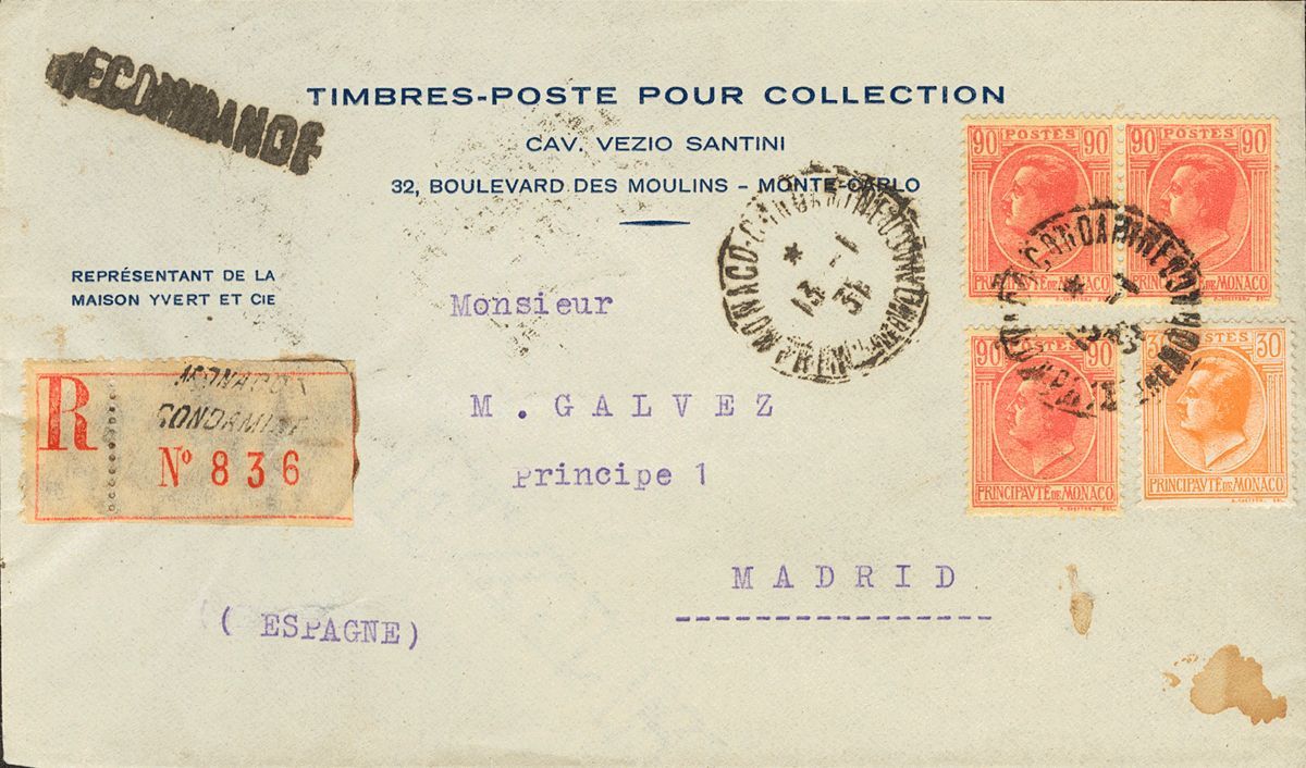 2455 Monaco. 1931. COVER. Yv. 82, 94(3). 30 Cts Orange And 90 Cts Red Pink, Three Stamps. Registered From MONACO To MADR - Andere & Zonder Classificatie