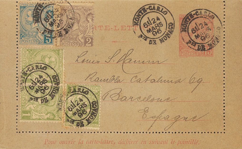 2456 Monaco. Postal Stationery. 1896. COVER. Yv. 203, 11(3), 12, 13. 15 Cts Pink On Gray On Postal Stationery Card (cart - Autres & Non Classés