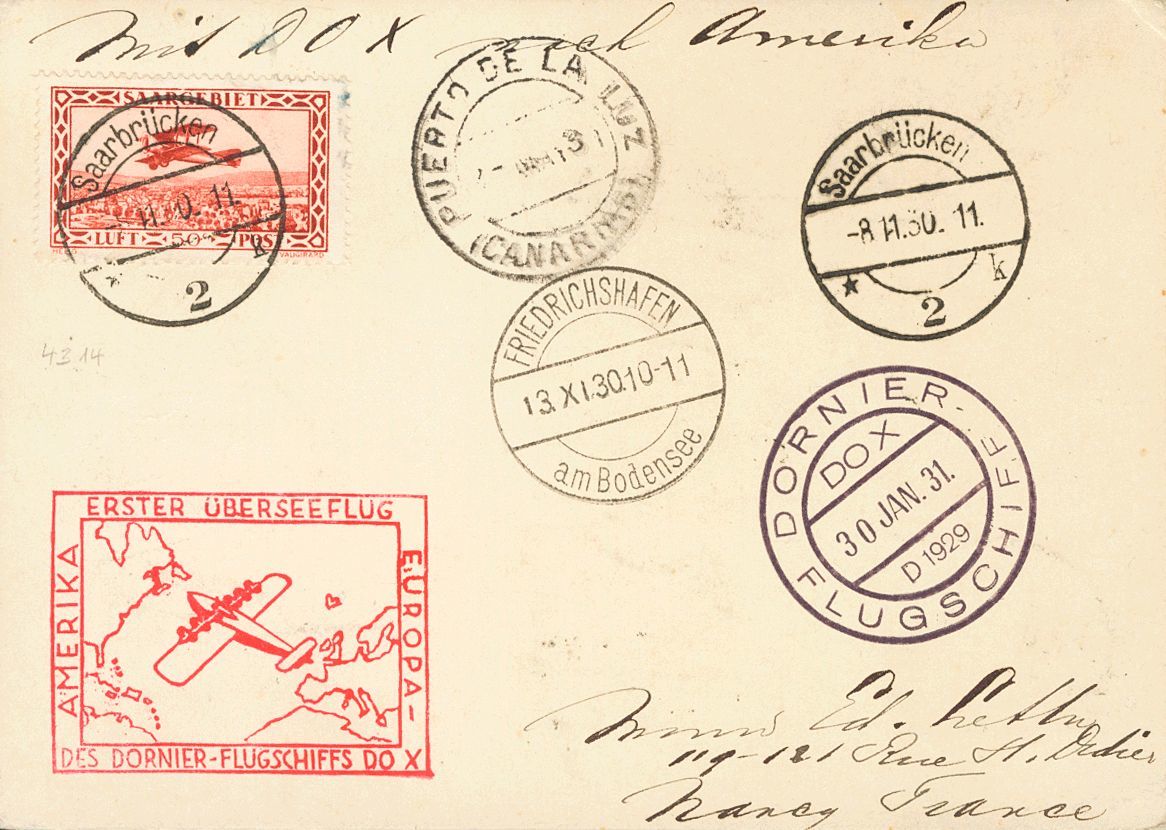 2462 Saarland. Airmail. 1930. COVER. Yv. 1(4), 2(2). 50 Cts Red Carmine, Four Stamps (three On The Back), 1 Fr Violet (t - Andere & Zonder Classificatie
