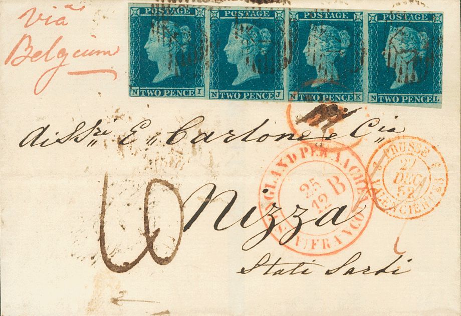 2502 Great Britain. 1852. COVER. Yv. 4(4). 2 P Blue, Strip Of Four. LONDON To NICE (SARDINIA). In The Front Handwritten  - ...-1840 Voorlopers