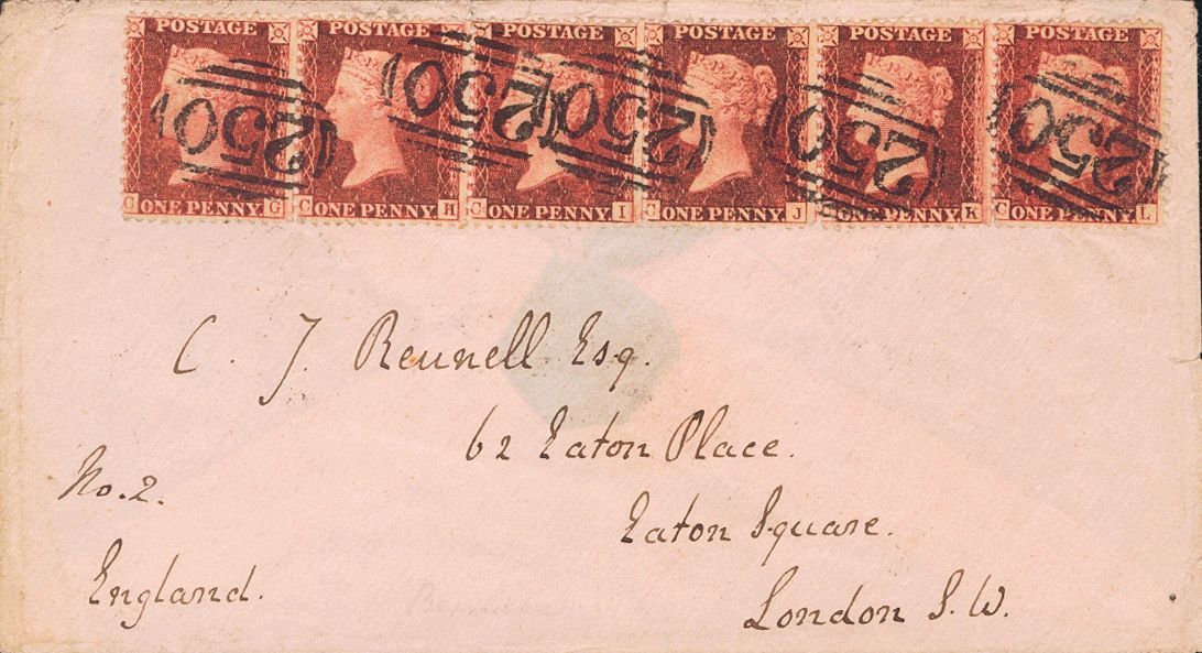 2506 Great Britain. 1862. COVER. Yv. 14(6). 1 P Red Carmine, Strip Of Six Stamps. DEVONPORT To LONDON. Numeral Postmark  - ...-1840 Voorlopers