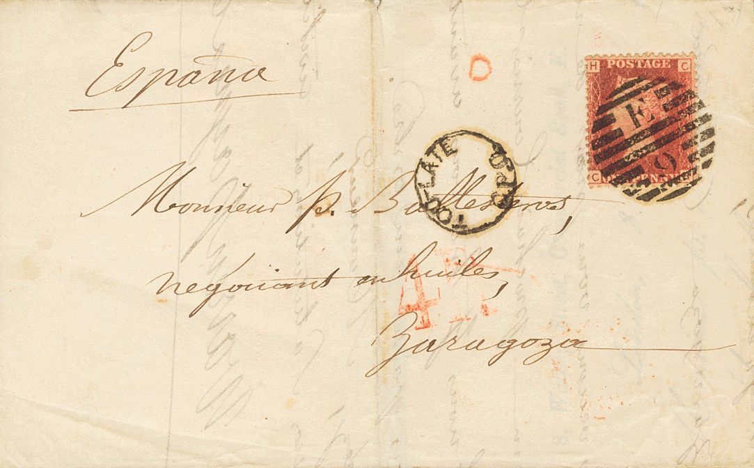 2511 Great Britain. 1865. COVER. Yv. 26. 1 P Red LONDON To ZARAGOZA. On The Front Postmark TOO LATE / G.P.O., Being Insu - ...-1840 Voorlopers