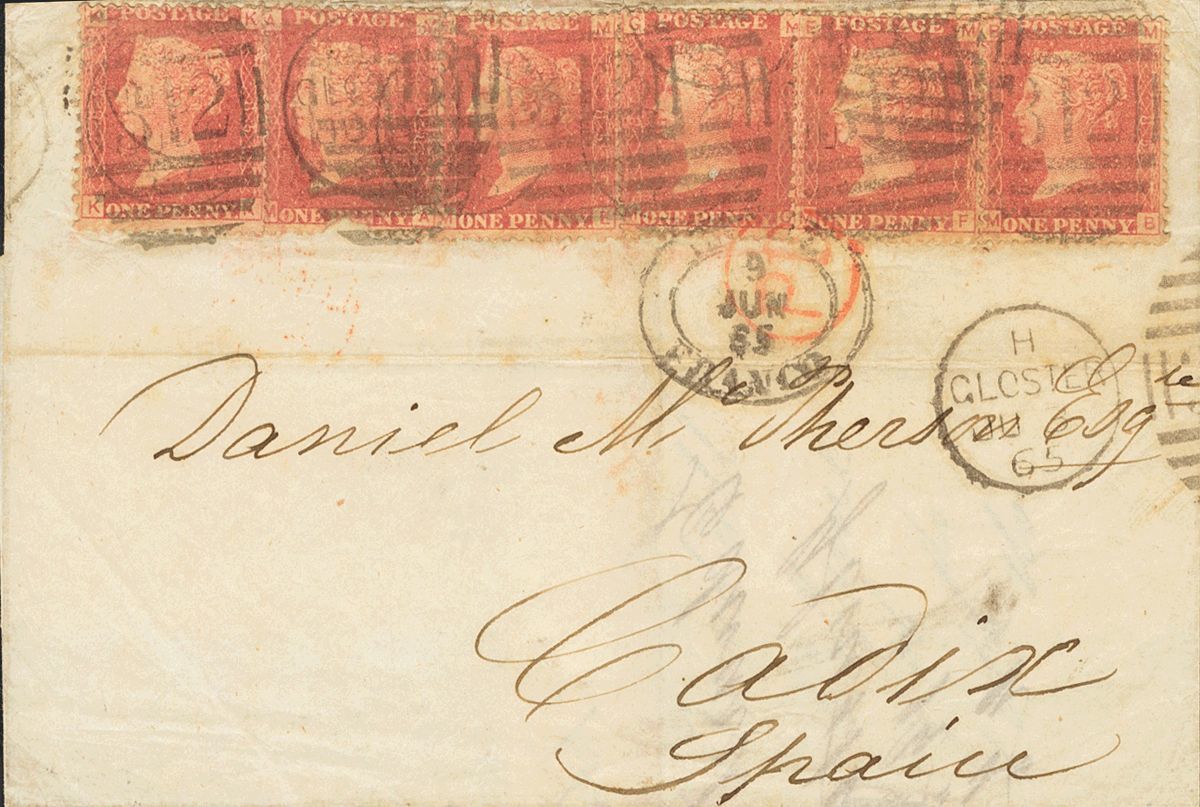 2514 Great Britain. 1865. COVER. Yv. 26(6). 1 P Red Carmine Plate 85, Six Stamps (one With Not Important Defect Of Origi - ...-1840 Voorlopers
