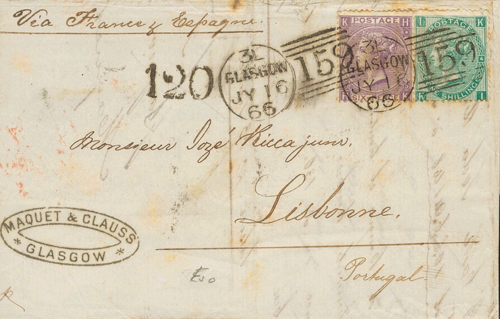 2516 Great Britain. 1866. COVER. Yv. 29, 31. 6 P Violet Sheet 5 And 1 S Green Sheet 4. GLASGOW (SCOTLAND) To LISBON (POR - ...-1840 Voorlopers