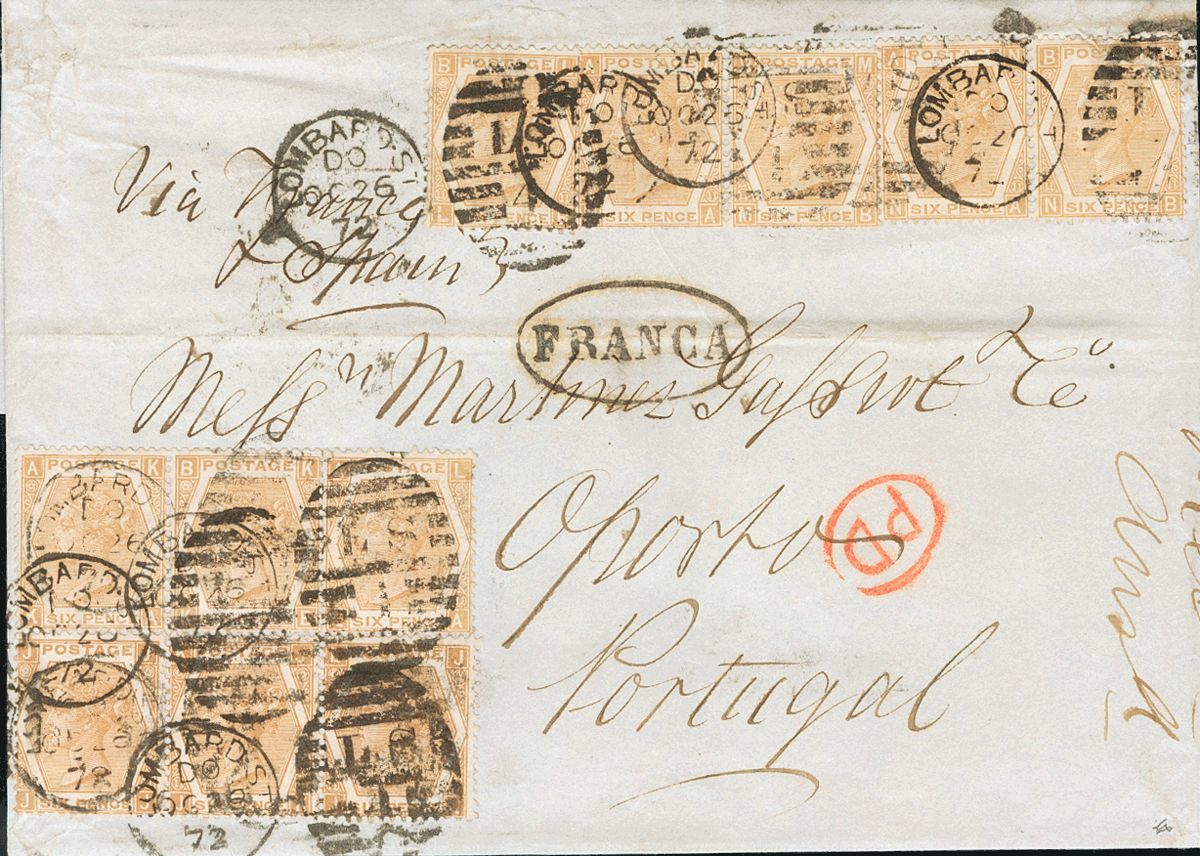 2525 Great Britain. 1872. COVER. Yv. 47. 6 P Bistre Plate 11, Block Of Six And Five Stamps. LONDON To OPORTO (PORTUGAL). - ...-1840 Voorlopers