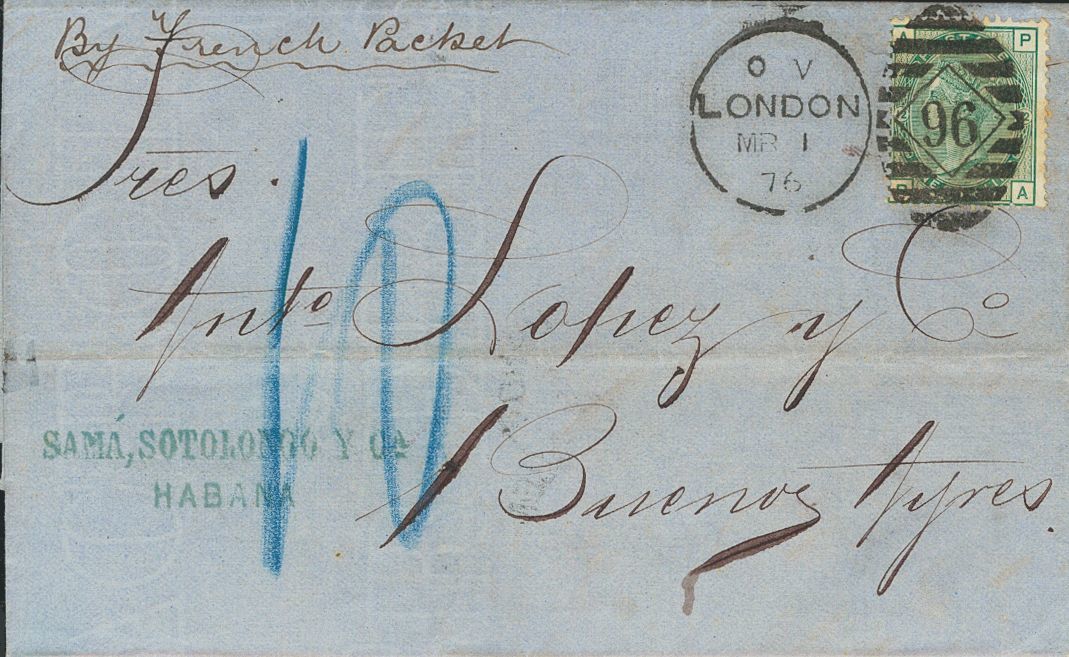 2526 Great Britain. 1875. COVER. Yv. 53. 1 S Green Plate 12. HAVANA To BUENOS AIRES, Privately Forwarded To London, Wher - ...-1840 Voorlopers