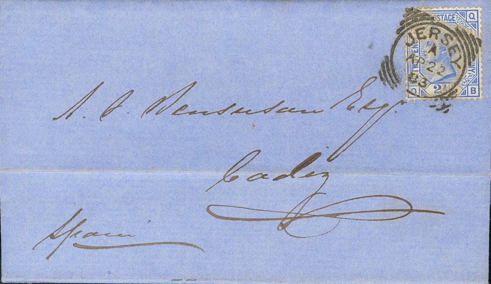 2527 Great Britain. 1883. COVER. Yv. 62. 2 ½ P Blue. JERSEY To CADIZ. Postmark JERSEY. VERY FINE AND UNUSUAL DESTINATION - ...-1840 Voorlopers