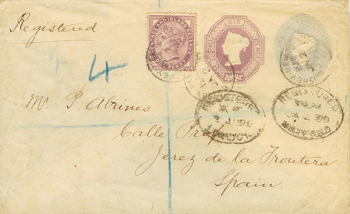 2529 Great Britain. Postal Stationery. 1899. COVER. Yv. 73. 2 ½ P Gray Blue + 6 P Violet On Registered Postal Stationery - ...-1840 Voorlopers