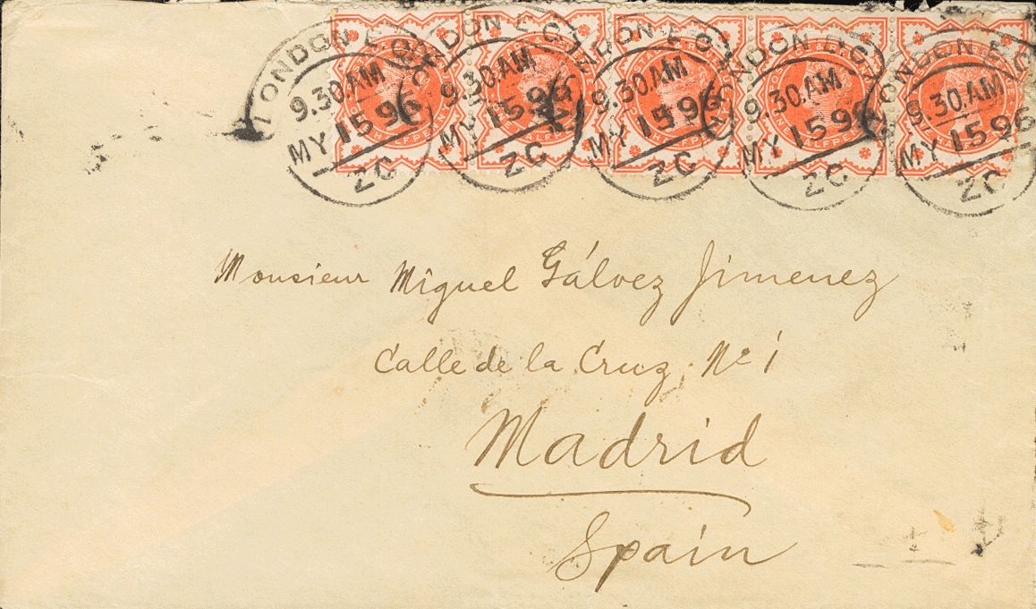 2532 Great Britain. 1896. COVER. Yv. 91(5). ½ P Orange, Five Stamps (a Stamp With Origin Defect). LONDON To MADRID. On T - ...-1840 Voorlopers