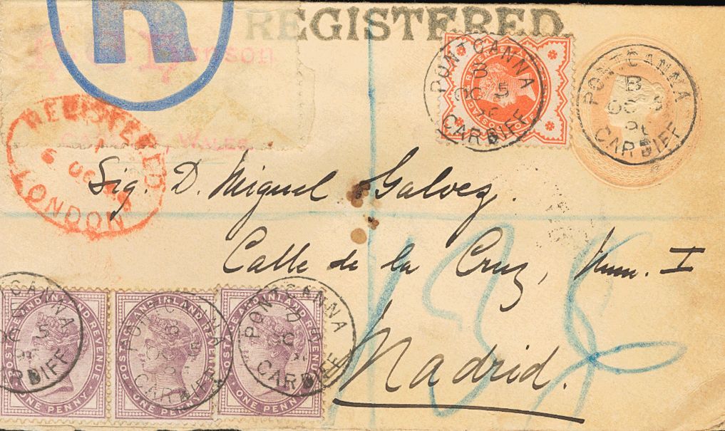 2533 Great Britain. 1896. COVER. Yv. 91, 73(3). 1 P Pink On Registered Postal Stationery From PONTCANNA To MADRID, With  - ...-1840 Voorlopers