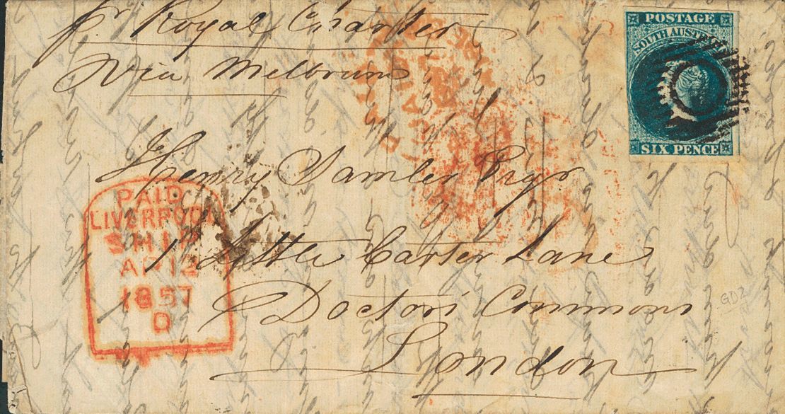 2539 South Australia. 1857. COVER. Yv. 3. 6 P Dark Blue. ADELAIDE To LONDON (ENGLAND). Postmark GRILLE WITH CIRCLE And O - Andere & Zonder Classificatie