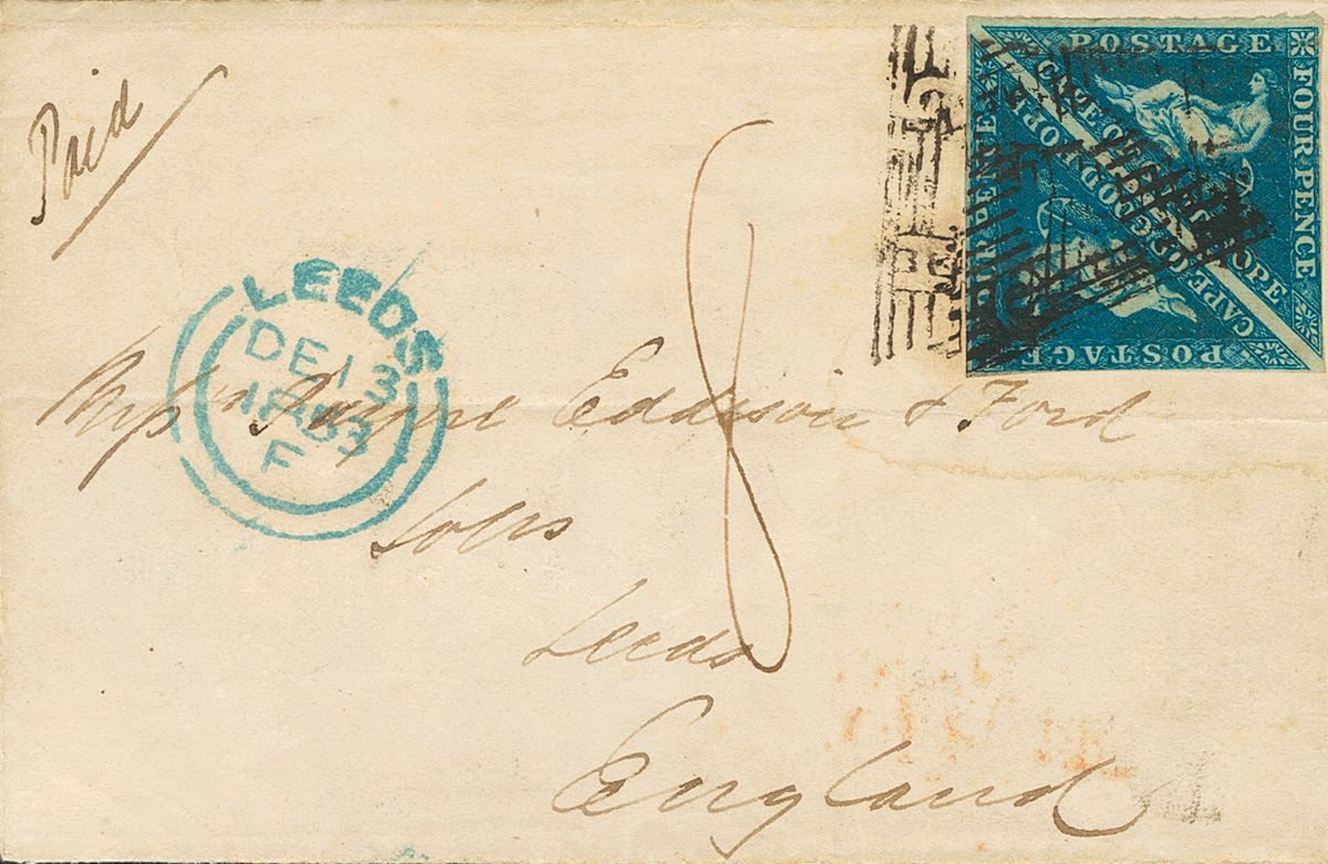 2540 Cape Of Good Hope. 1853. COVER. Yv. 2(2). 4 P Blue On Bluish, Pair. Addressed To LEEDS (ENGLAND). Triangular Postma - Andere & Zonder Classificatie