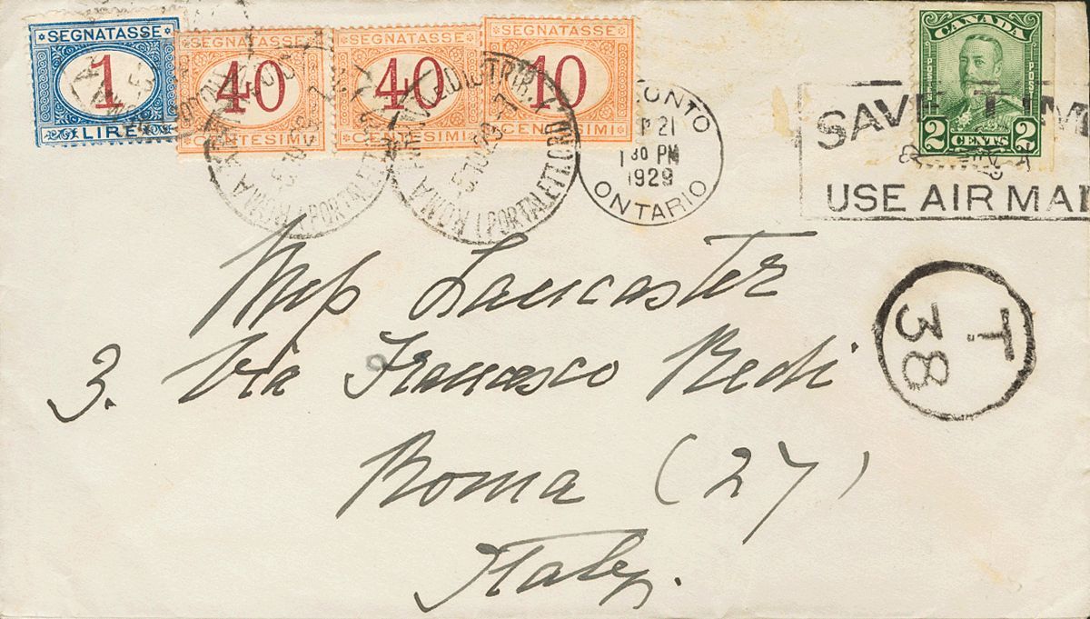 2542 Canada. 1929. COVER. Yv. 130. 2 Cts Green. TORONTO To ROME (ITALY). Due On Arrival With 1'50 Liras, Paid With Itali - Andere & Zonder Classificatie