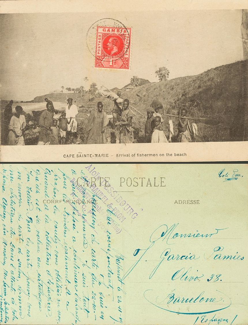 2543 Gambia. 1919. COVER. Yv. 67, 71. Set Of Two Postcards From BATHURST To BARCELONA, Addresed With 1 P Red And 3 P Lil - Gambia (...-1964)