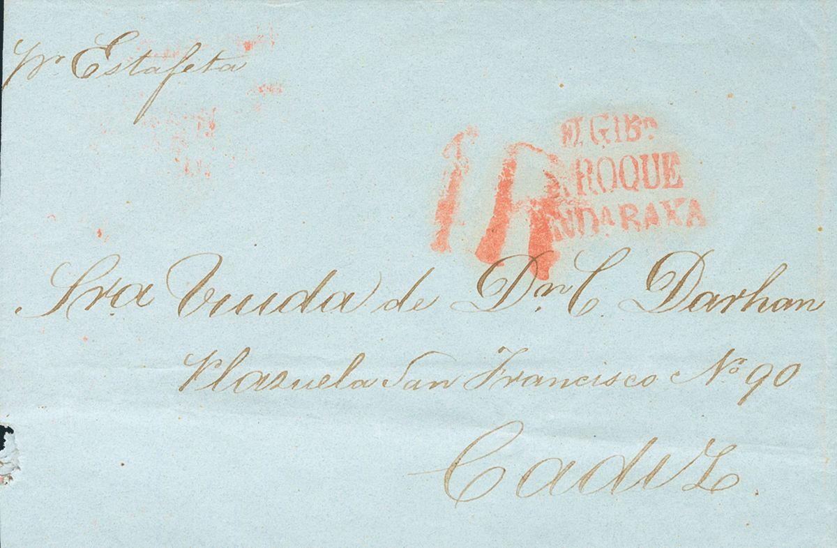 2544 Gibraltar. Prephilately. 1850. COVER. GIBRALTAR To CADIZ. Postmark DE GIBR / S. ROQUE / ANDª BAXA, In Red From San  - Gibraltar