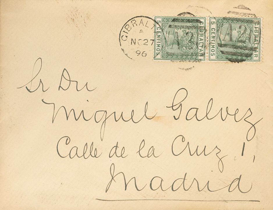 2546 Gibraltar. 1896. COVER. Yv. 22(2). 5 Cts Green, Two Stamps. GIBRALTAR To MADRID. Duplex Postmark GIBRALTAR / A42, O - Gibraltar