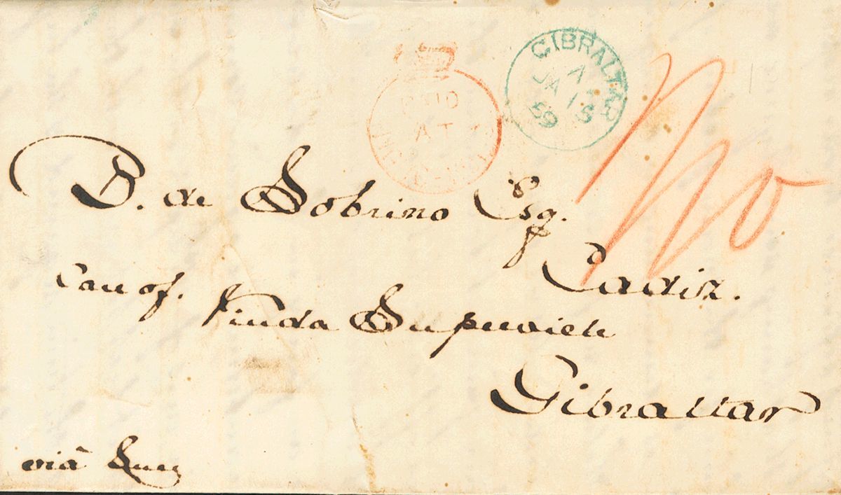 2547 Hong Kong. 1859. COVER. HONG KONG To GIBRALTAR. Postmark PAID / AT HONG KONG, In Red And Arrival C.d.s. GIBRALTAR,  - Andere & Zonder Classificatie