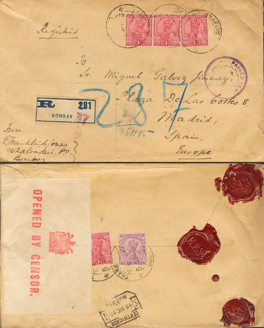 2552 British India. 1915. COVER. Yv. 77(4), 82. 1 A Pink, Four Stamps (one On The Back) And 2 A Violet (on The Back). Re - Gemeentepenningen