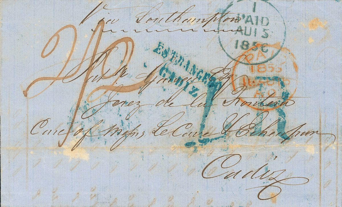 2554 Ireland. 1856. COVER. DUBLIN To CADIZ. Postmarks PAID (Irish), In Blue And British In Red, Rates "2/2" Handwritten  - Andere & Zonder Classificatie